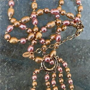 VTG Monet Gold & Pink Baroque Pearl Tassel Necklace Signed